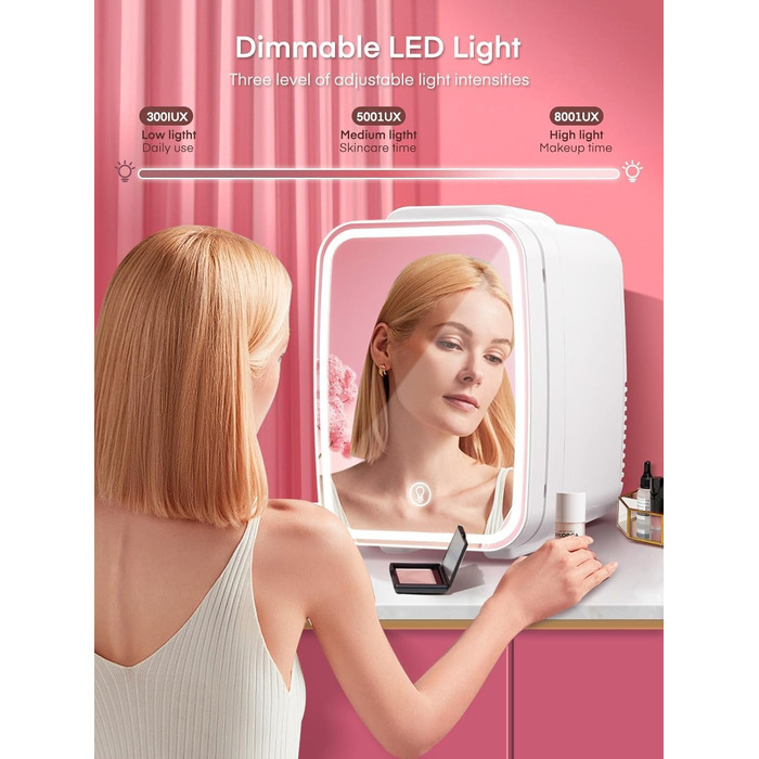 Міні-холодильник FOHERE 5L з LED-підсвіткою та дзеркалом, 220V, для напоїв та догляду за шкірою, з функцією охолодження/нагрівання, білий