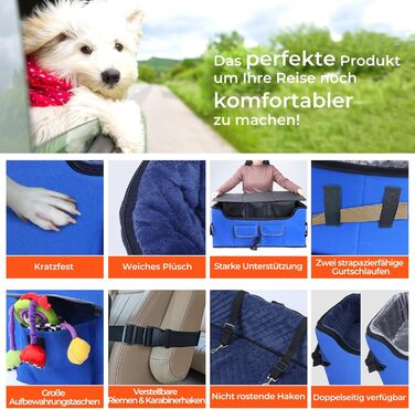 Stable Multi-Pet Car Seat Booster with Safety Belt for Medium Dogs, Washable & Large Capacity Reinforced Dog Basket for Rear Seat (Blue, L)