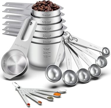21-Piece Stainless Steel Measuring Cups and Spoons Set, Wildone Stackable Metal Measuring Cups and Spoons for Cooking and Baking, Includes 7 Cups, 9 Spoons, and 5 Mini-Spoons