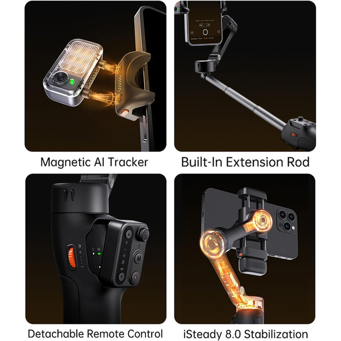 Стабілізатор Hohem iSteady V3 для смартфона: AI-трекінг, віддалений пульт, екран 2.2'', трипод, для зйомки Vlog TikTok
