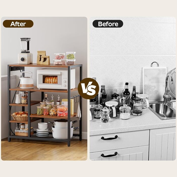 HOOBRO Поличка кухонна з розеткою (3 розетки з вимикачем), підлогова, для мікрохвильової печі з 3 знімними S-гачками, 5 ярусів, для кухні та вітальні, вінтажний коричневий та чорний колір, EBF25CHB01