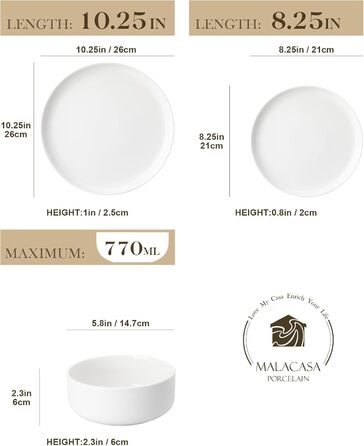 MALACASA Dinnerware Set for 6, LUNA 18-Piece Tableware Set made of White Porcelain, Modern Dinnerware Set with 6 Dinner Plates, Dessert Plates, and Cereal Bowls each