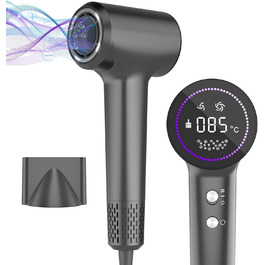 Фен для волосся з плазмою та безщітковим мотором 110 000 об/хв – швидке сушіння, тиха робота, з магнітною насадкою, для дому та подорожей (темно-сірий)