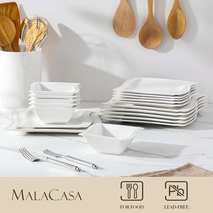 MALACASA Flora Marble Porcelain Dinnerware Set - 30 Piece Combination Set with Coffee Cups, Saucers, Dessert Plates, Soup Plates & Dinner Plates (White)