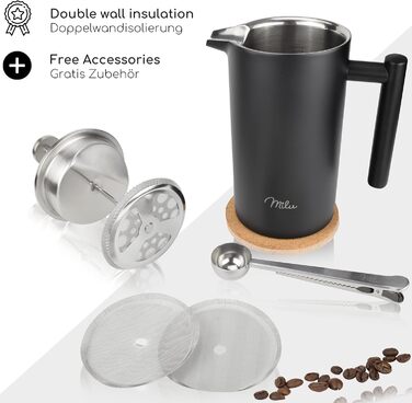 Milu French Press Coffee Maker | 350ml, 600ml, 1L | Stainless Steel Coffee Press, Coffee Maker for Home, Travel, Camping including Coaster, Spoon, Replacement Filters (Black, 1000ml (5 Cups) Black 1000ml (5 Cups)