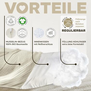 Подушка для годування sei Design XXL 190x30 см з мусліновою наволочкою, ергономічна, для вагітних, для сну на боці, комфортна подушка для дорослих, наволочка з 100% органічної бавовни муслін