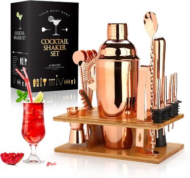 Sovyime Cocktail Set Cocktail Shaker 750ml Bartender Set, 16-Piece Stainless Steel Bar Cocktail Accessories with Wooden Stand, Perfect Home Kitchen Gift for Men Women