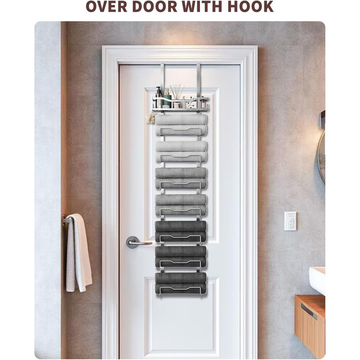 Настінний тримач для рушників у ванну кімнату, без свердління, 6-ярусна наддверна полиця для рушників, багаторівневий тримач для рушників на двері, для компактних ванних кімнат (срібний, 8 ярусів)