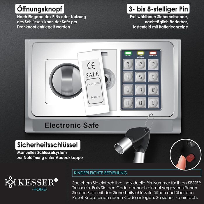 Електронний сейф KESSER® для дому та офісу 31x20x20 см, з подвійним замком, кріпленням, внутрішнім освітленням, сталевий (чорний, XL)