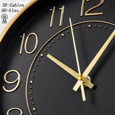 HZDHCLH Funk Wall Clock Silent No Ticking 25 cm Easy-to-Read Clock for Kitchen, Living Room, Bedroom, Bathroom, Home Office (Black Gold)
