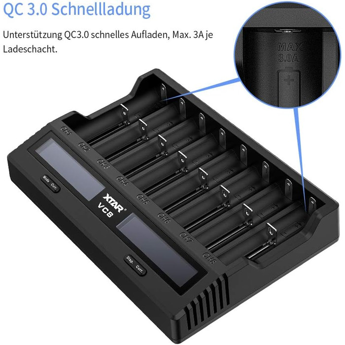 Зарядний пристрій Xtar VC8 для акумуляторів 18650/21700 з LCD-дисплеєм та тестуванням ємності, сумісний з 10440, 16340, 17670, 26650, AA, NI-MH
