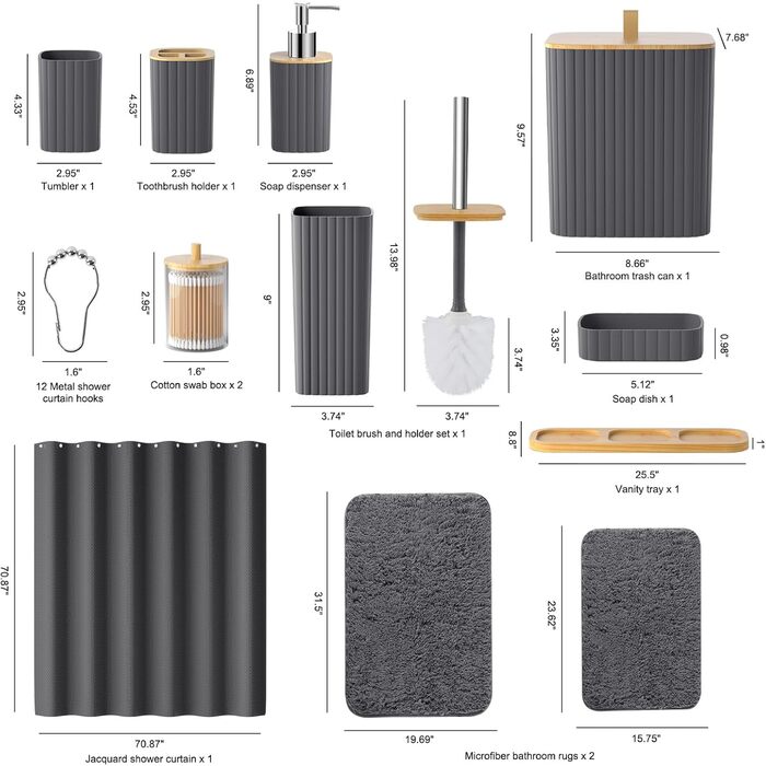 Набір для ванної кімнати Z ZONAMA 24 предмети: душовий завіс, килимок, сміттєвий бак, тримач для унітазу та дозатор для мила. Стильний набір прикрас для ванної кімнати, зелений (повний комплект, сірий)