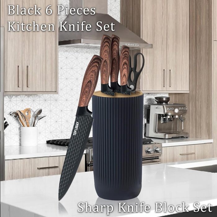 Набір кухонних ножів, 6 предметів, чорний, гострий, з антипригарним покриттям, нержавіюча сталь, з підставкою для ножів (чорний)