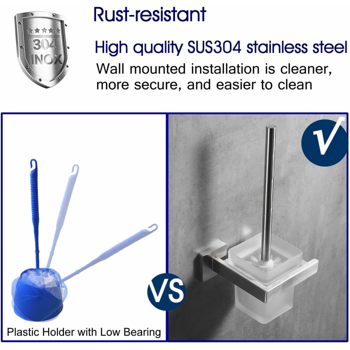 Toilet Brush and Holder Wall Brush Holder, Chrome, Toilet Brush Set Toilet Brush Set Made of 304 Stainless Steel and Frosted Glass for Bathroom (Brushed Nickel)