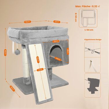 Дряпальня для котів великих порід, 60 см, сірий, з платформою, сизаль, пандус, будиночок, м'ячики, щітка
