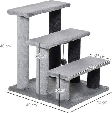 Сходинка для котів PawHut 3-ступенева, з когтеточками, для собак та інших тварин, плюш, джут, сіра, 45 x 40 x 48 см