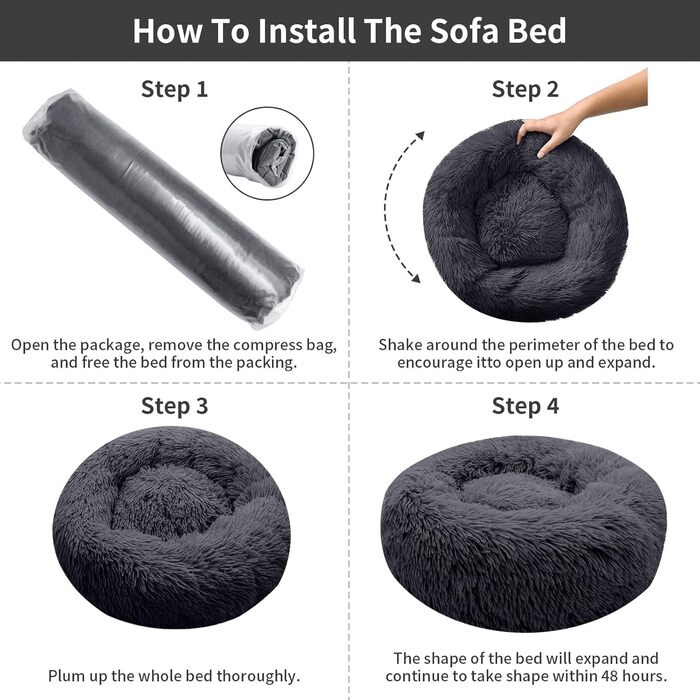 Кругле ліжко для котів та собак, 60 см, м'яке, плюшеве, миється, сірий (S_Dark Grey)