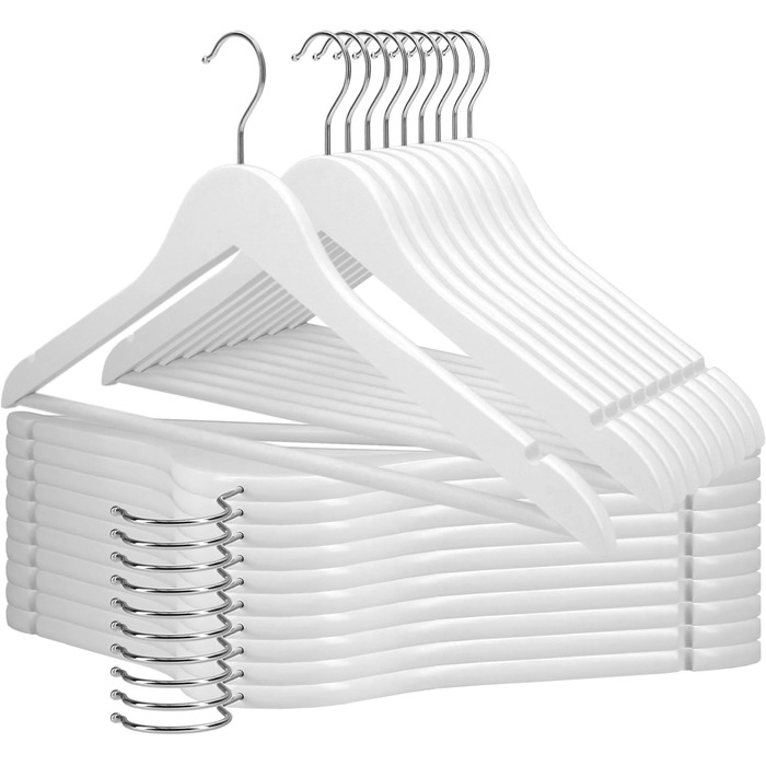 20 дерев'яних вішалок для одягу VonBueren, білі | 44,5 x 22 см кожна | 360° обертання | 20 шт.