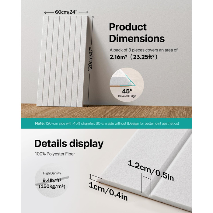 Акустичні панелі Soundsbay самоклеючі для звукоізоляції та декору стін, 120×60×0.9 см, білі (3 шт, 2.16м²)