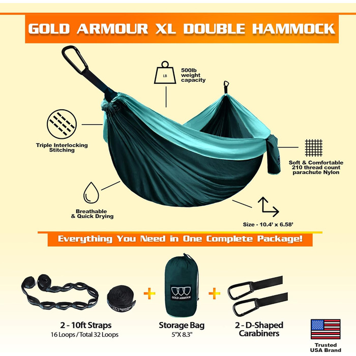 Гамак подвійний Gold Armour XL для кемпінгу та відпочинку (бірюзово-морський) з ременями для кріплення