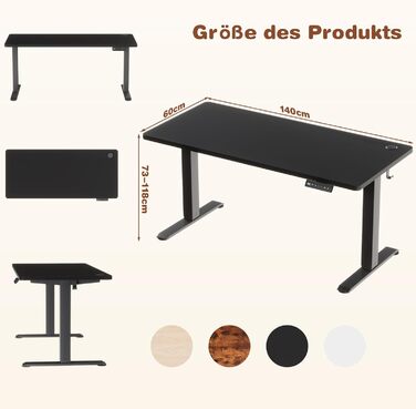 Devoko Adjustable Height Desk - Electric Standing Desk with Memory Function, 73-118cm Height, Collision Detection, Black, 140x60cm