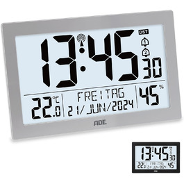 Digital Radio Clock with Large XL Display | Calendar | with Temperature Display & Hygrometer | Wall Clock | Radio Alarm Clock with 2 Alarm Times and Snooze Function | Silver