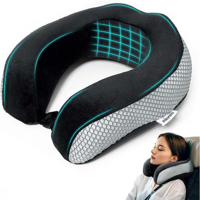 Подушка для шиї в дорозі: автомобільна, для літака, з memory foam, м'який велюровий чохол, для дорослих, сіра, з сіткою