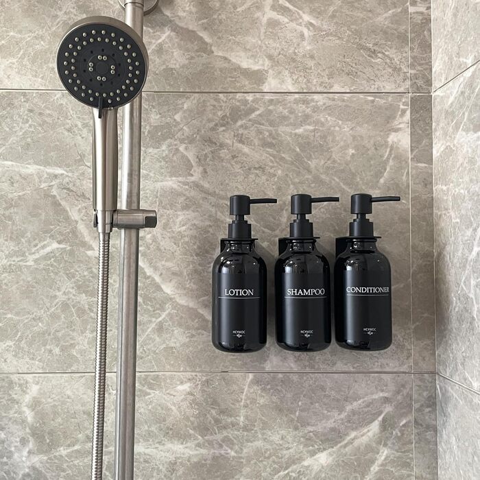 Набір дозаторів для мила та шампуню на стіну, 500 мл, 3 шт., без свердління, колір бурштиновий (чорна пляшка + чорний насос)