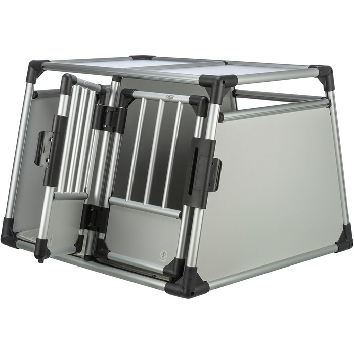 Трійзі Двомісна переносна клітка для собак з алюмінію – переноска для двох собак до 50 кг, 93 × 64 × 83 см, з висувною перегородкою, надійний замок, неслизький килимок – 39345 срібна L 93 x B 83 x H 64 см Двомісна переноска