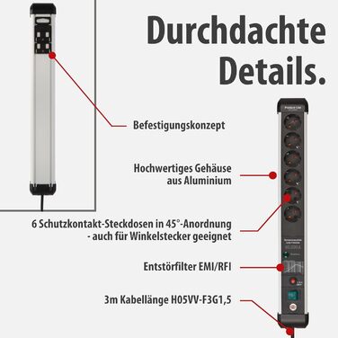 Бренненштуль Premium-Protect-Line Розподільник розеток 6-фазний з захистом від перенапруги 60 000 A (з вимикачем та 3м кабелем, Made in Germany) Срібний/чорний, Нова версія Single