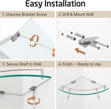 Скляна поличка для душу/ванної кімнати KES - настінна скляна поличка з нержавіючої сталі SUS304, BGS101A--P