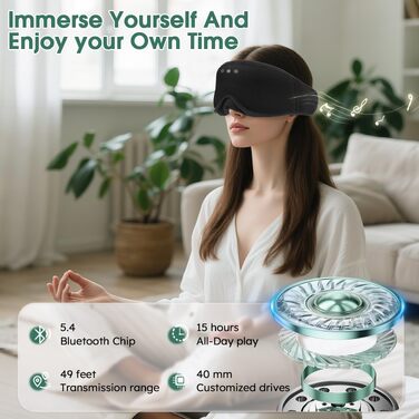 Маска для сну Dolida з Bluetooth навушниками, 3D бамбукова маска для очей, чорна. Комфортний сон для жінок та чоловіків.