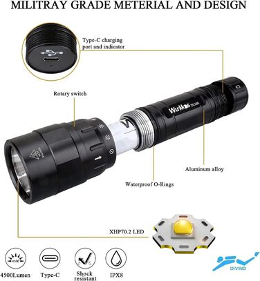 Підводний ліхтар Wurkkos DL10R 4500 люмен, XHP70.2 LED, USB-C, IPX8, акумуляторний