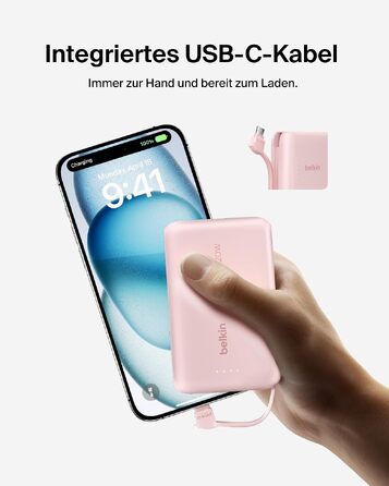 Повербанк Belkin BoostCharge 10000mAh з вбудованим кабелем USB-C, 20W, LED-індикатором, рожевий