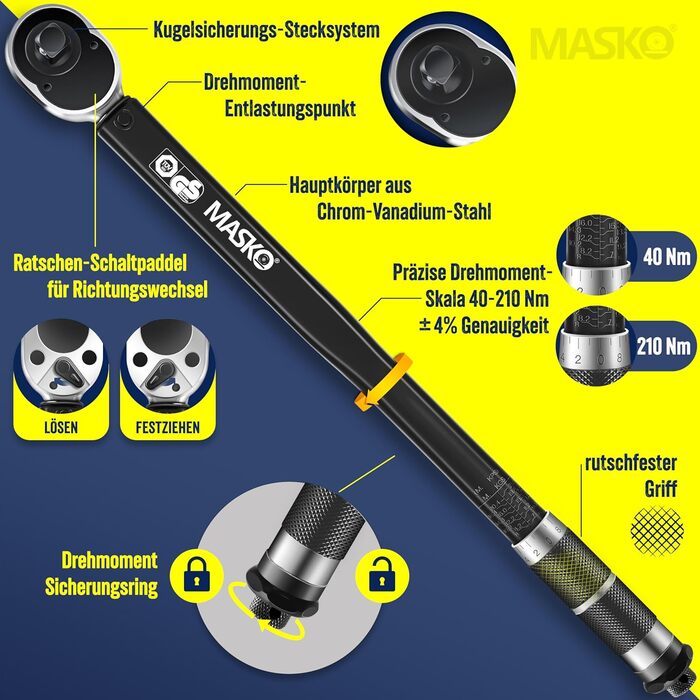 Набір динамометричних ключів MASKO 6 шт, 40-210 Нм, 1/2'' з насадками 17/19/21 мм, подовжувачем 125 мм, рукавицями, кейсом, для авто, чорний