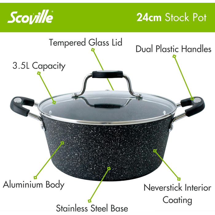 Супова каструля Scoville NEVERSTICK 24 см з кришкою, антипригарна, 3,5 л, для всіх плит (індукція), зручні ручки, можна мити в посудомийній машині