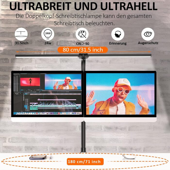 LED лампа для столу Doppelkopf з регулюванням яскравості, 24W, 80см, для дому/офісу, денне світло, лампа сови, кріпиться на стіл (чорний)