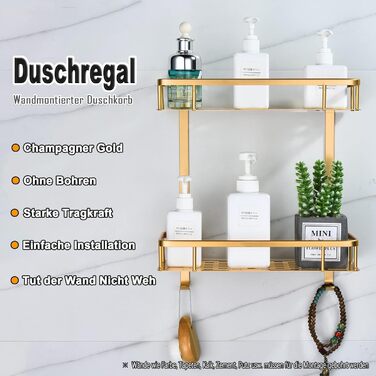 No-Drill Shower Shelf, Square Shower Rack Bathroom Shelf for Shampoo and Shower Gel Holder Bathroom Wall Shelf Organizer With 2 Hooks (2 Tier, Champagne Gold)