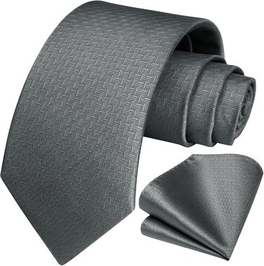 Краватка для чоловіків HISDERN на весілля з кишеньковим хустинкою, класичний візерунок, в клітинку, в горіх, бізнес-краватка та кишеньковий хустинка (Сірий)