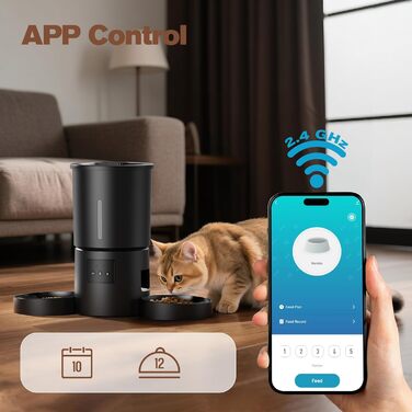 Автоматичний годівник для котів AONBOY з 2 мисками та Wi-Fi: 5L, таймер, для сухого корму, чорний, з двома мисками для котів та собак
