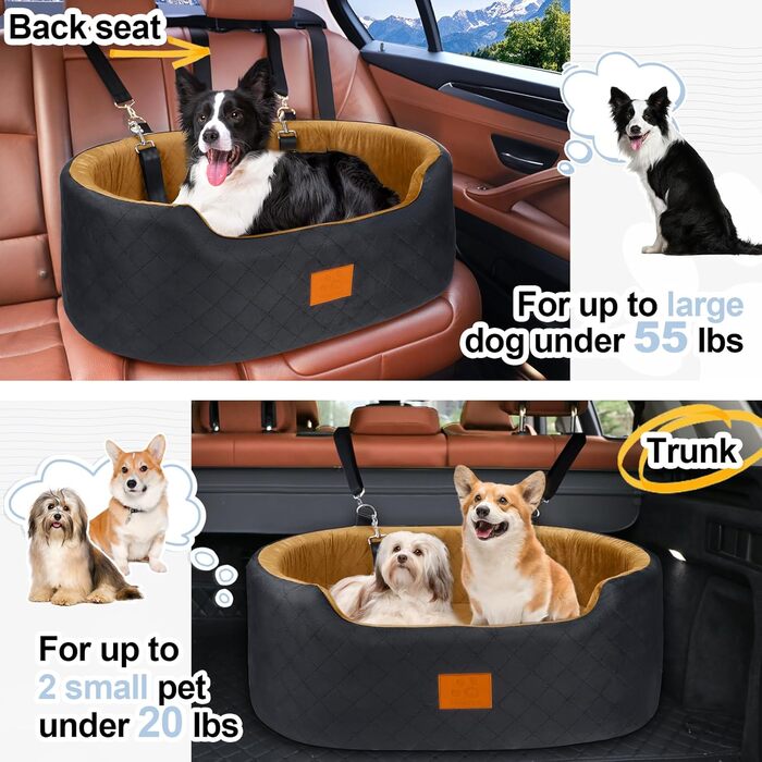 Dog Car Seat for Medium/Large Dogs (up to 25kg) or 2 Small Dogs - with Safety Leashes & Washable Cushion - Rear Seat Cover (Brown/Gray)