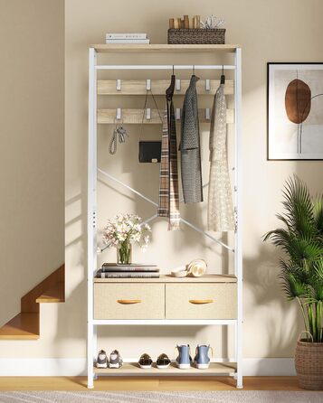 YITAHOME Entryway Bench with Shoe Cabinet, Freestanding Coat Rack with Bench and 2 Folding Drawers, Industrial Coat Rack with 8 Hooks for Entryway, Living Room, Bedroom, Metal Frame, Rustic Brown (Beige)