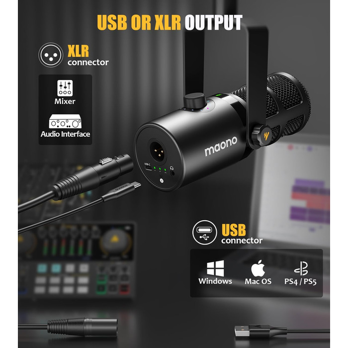 MAONO PD400X: USB/XLR мікрофон для подкастів, студії, стрімінгу та геймінгу з регулюванням гучності та функцією Mute