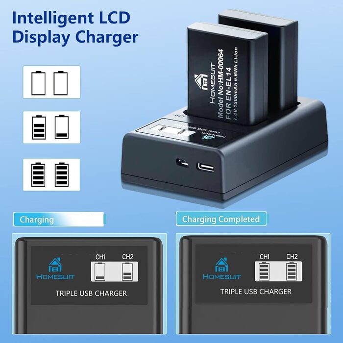 Акумулятор EN-EL14 1300mAh для Nikon + USB LED зарядний пристрій (2 шт.)