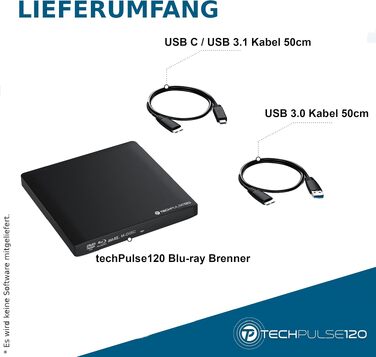 Зовнішній Blu-ray привід techPulse120 USB 3.0 Type-C, запис 3D M-Disc BDXL 100GB, Slim Superdrive для ноутбуків та ПК (Windows, MacOS, MacBook, iMac), алюміній, чорний