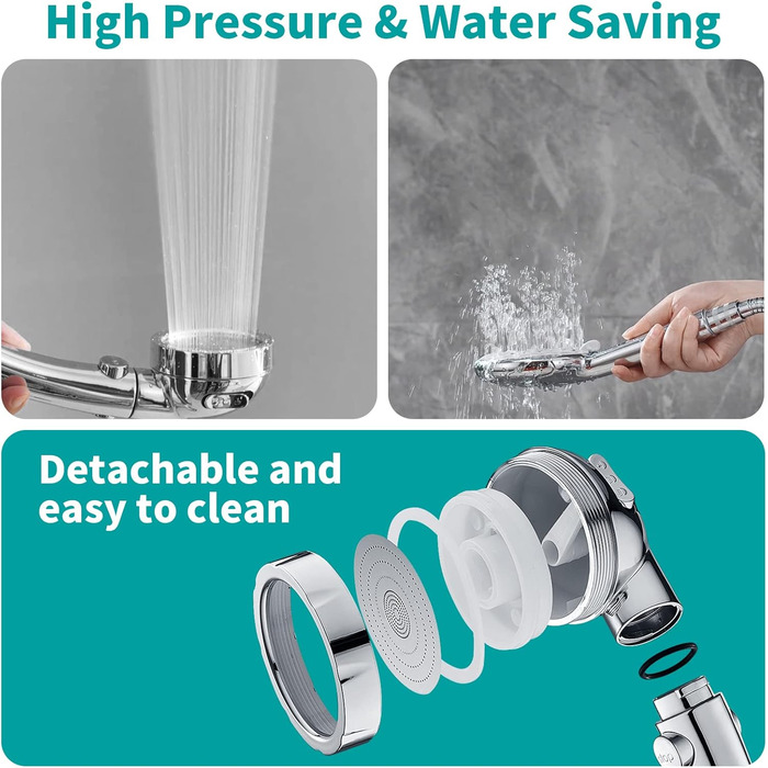 MIAOHUI Modern Handheld Showerhead with On/Off Switch, High-Pressure Showerhead with Handheld, 3 Spray Settings, Detachable Showerhead with Hose, Adjustable Shower Holder (Brushed Nickel) (Chrome)
