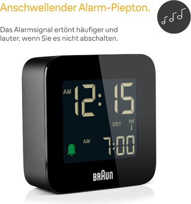 Braun Digital Travel Alarm Clock, Central European Time (CET) zone with snooze function, compact size, negative LC display, crescendo alarm in black, model BC08B-DCF.