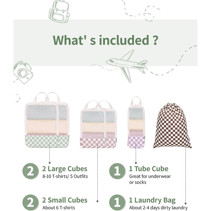 Набір органайзерів для валізи Narwey (6 шт.) - компресійні куби для пакування, рюкзак, органайзери для подорожей (в комбінованому клетчатому стилі)