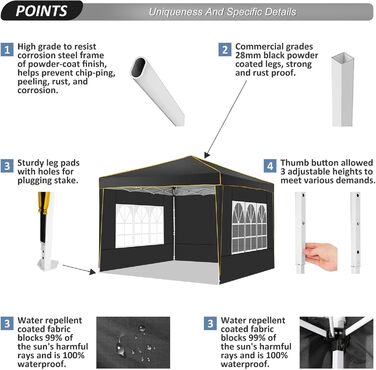 COBIZI Gazebo 3x3 Waterproof Stable Winter-Proof Party Tent, Folding Gazebo 3x3 with 4 Side Panels 3.0, 100% Waterproof and UV 50+ Portable High-End Portability Garden Gazebo, Black