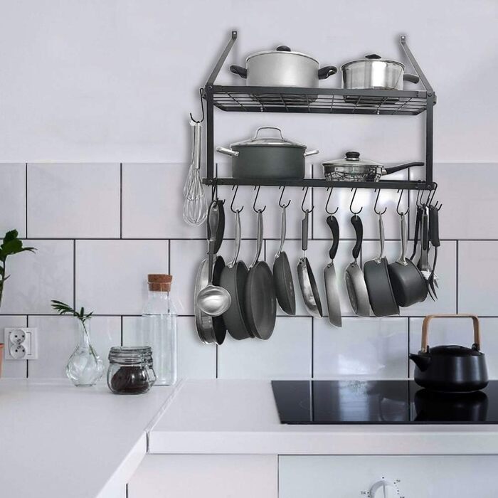 Warmiehomy Kitchen Wall Pot Rack, Wall Shelf Kitchen with 10 Hooks, 2-Layer Pot Pan Organizer, Hanging Spice Rack, Wall Mounted Kitchen Utensil Holder Kitchen Shelf (74.9x34.8x58.9 cm)